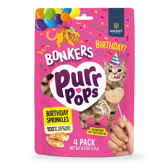 BONKERS Purrpops Birthday Edition Freeze-Dried Chicken Flavored Lollipop Treats for Cats, 4 pack