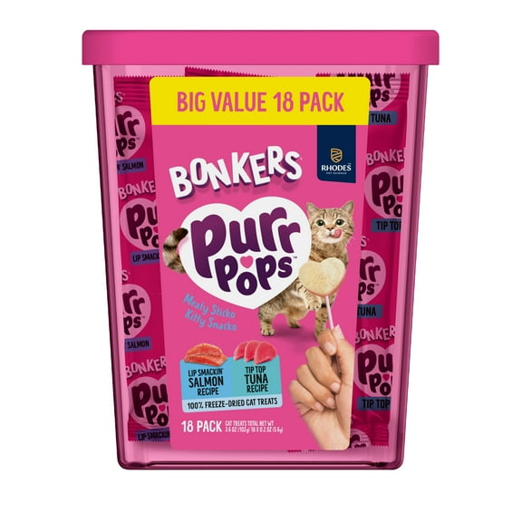 BONKERS Purrpops, Freeze Dried Tuna & Dried Salmon Lollipops Cat Treats, 18 Pieces