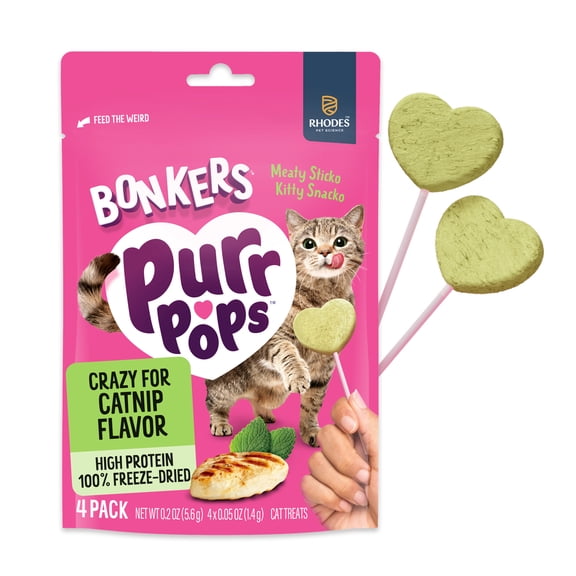 BONKERS Purrpops, Freeze Dried Catnip Flavored Lollipop Cat Treats, 4 Pieces