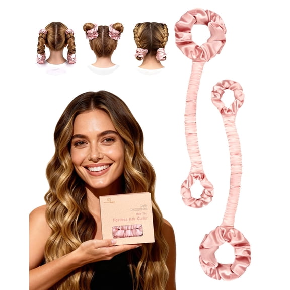 BONNET QUEEN Multi-function Satin Heatless Hair Curler & Hair Tie Non-Heating Hair Roller Curling Rod with Scrunchie, Large, Cream Pink(For Big Curls)