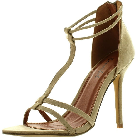 BONNIBEL ROSITA-2 Womens T-strap Back Zipper Ankle Strap Stiletto Dress Sandals, Beige, 9