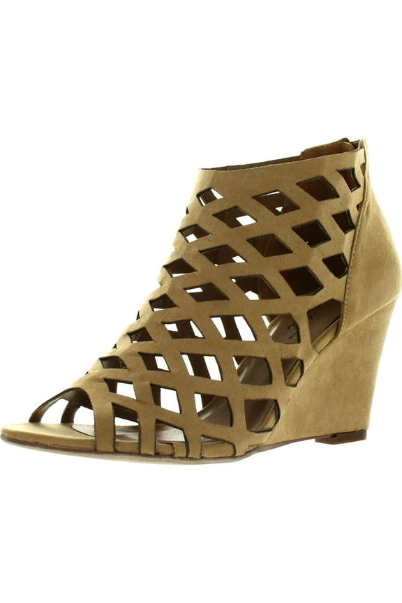 TRINA-2 Womens Cut Out Back Zip Wedge Sandals, Camel, 7