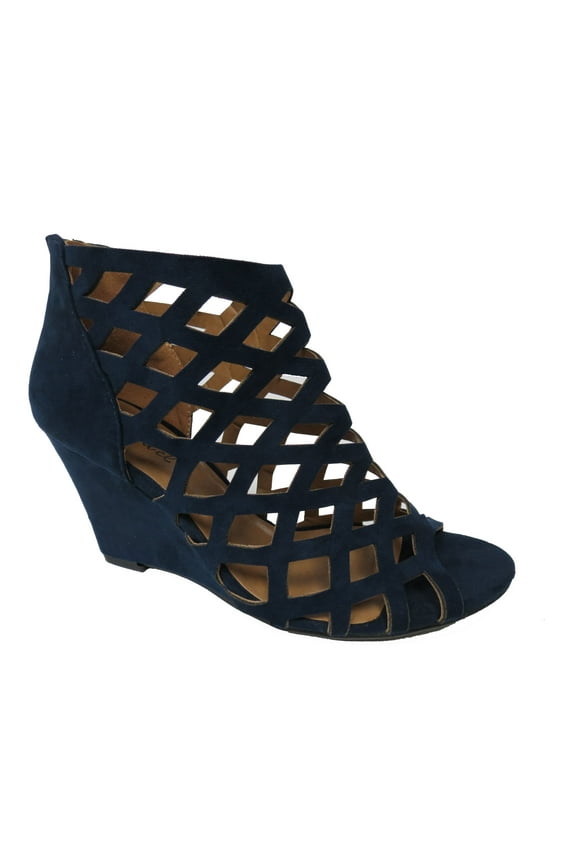 TRINA-2 Womens Cut Out Back Zip Wedge Sandals, Navy, 6