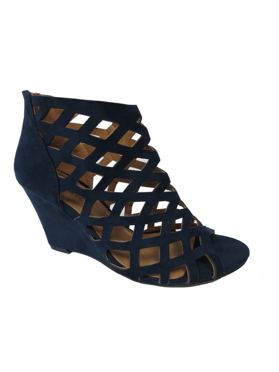 TRINA-2 Womens Cut Out Back Zip Wedge Sandals, Navy, 9