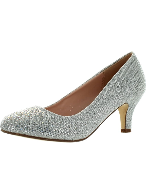 WONDA-1 Womens Round Toe Low Heel Glitter Slip On Dress Pumps, Silver, 5.5