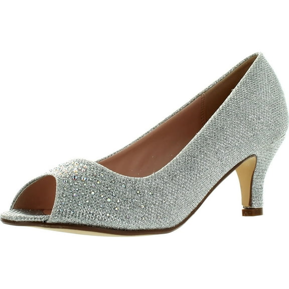 BONNIBEL WONDA-1 Womens Round Toe Low Heel Glitter Slip On Dress Pumps, Silver, 9
