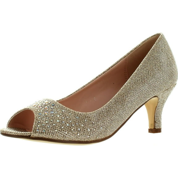 BONNIBEL WONDA-2 Womens Peep Toe Low Heel Glitter Slip On Dress Pumps, Champagne, 8.5