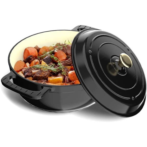 Bonnlo 6QT Round Dutch Oven, Enameled Cast Iron Dutch Oven Pot with Lid & Dual Handles, Oven Safe Up to 500° F, for Sourdough, Bread Baking, Stews and Roasting (Black)