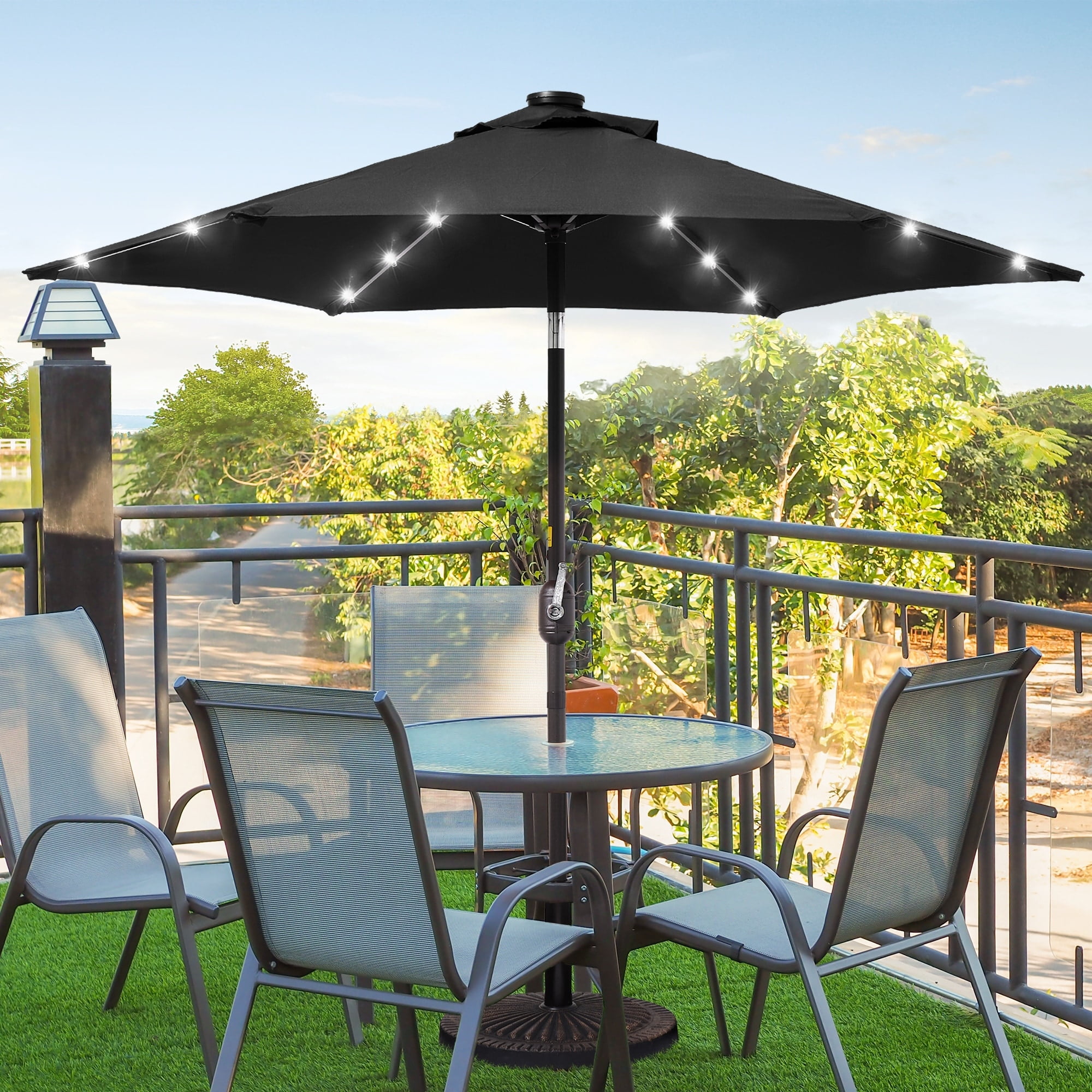 Black 7.5ft LED Patio Umbrella with Steel Frame and Polyester Canopy