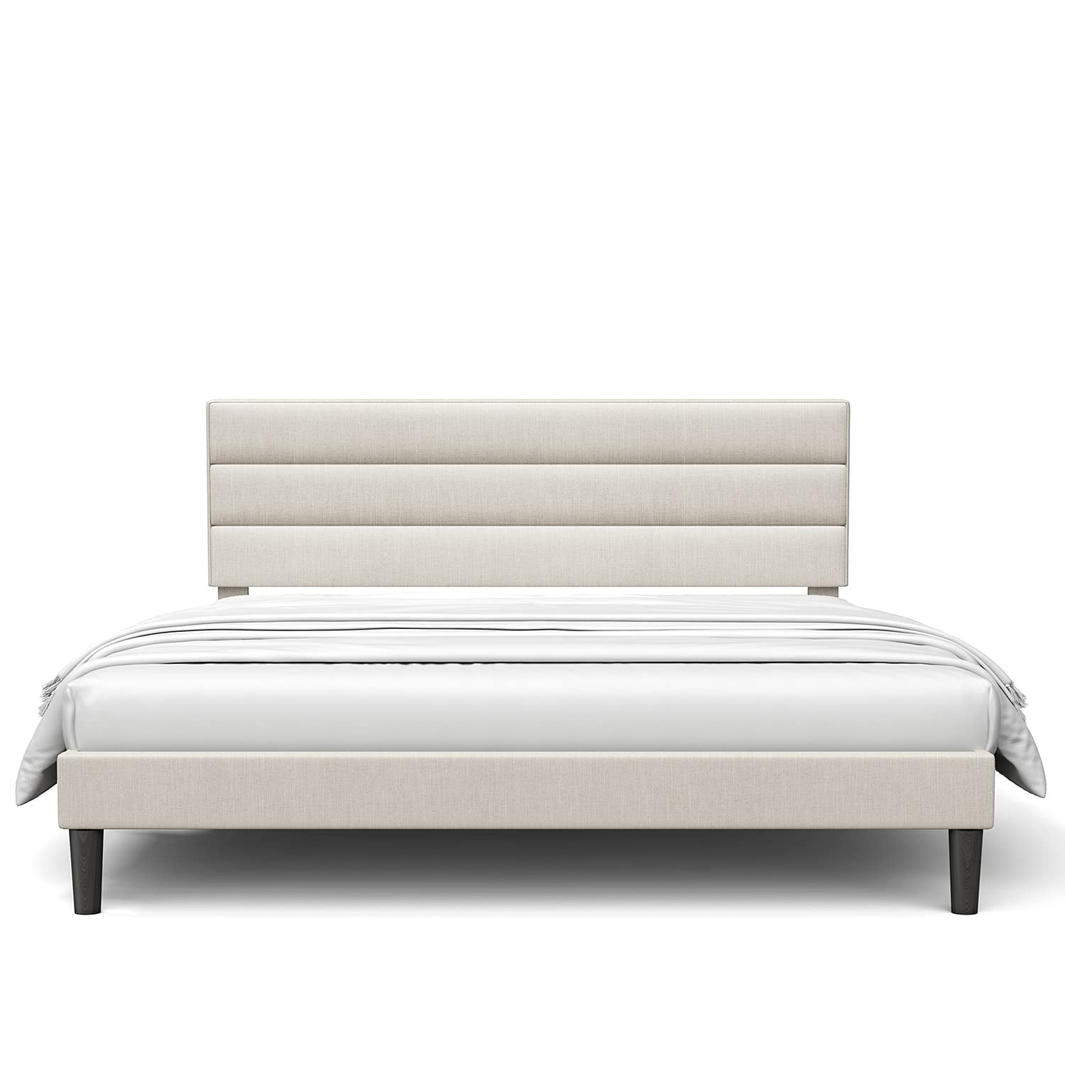 BONSOIR FULL Size Bed Frame Modern Horizontal Panel Upholstered Low Profile Platform with Tufted Headboard/No Box Spring Needed/No Bed Skirt Needed/Linen Fabric Upholstery/Beige (Full Size)
