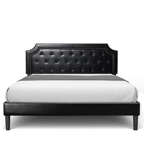 BONSOIR FULL Size Bed Frame Upholstered Low Profile Platform Bed with Tufted Faux Leather Headboard/No Box Spring Needed/No Bed Skirt Needed (Black, Full Size)