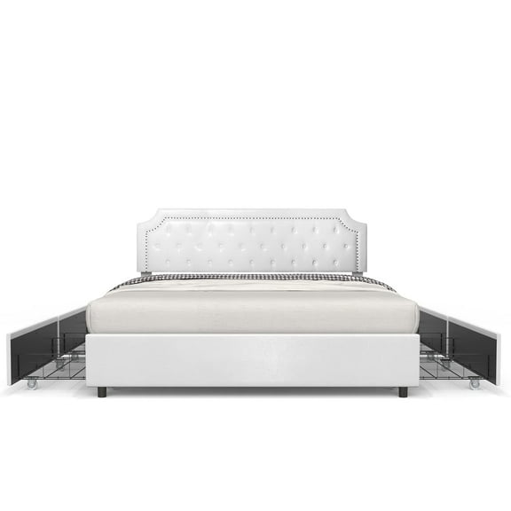 Bonsoir of London King Storage Bed Frame with 4 Pull Out Drawers, White Faux Leather