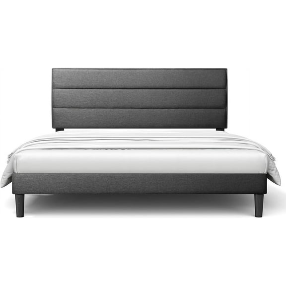 BONSOIR King Size Grey Color Modern Low Profile Upholstered Bed Frame with Tufted Headboard