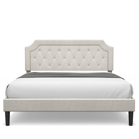 BONSOIR QUEEN Size Bed Frame Upholstered Low Profile Traditional Platform with Tufted and Nail Headboard/No Box Spring Needed/No Bed Skirt Needed/Linen Fabric Upholstery/Color of Sand