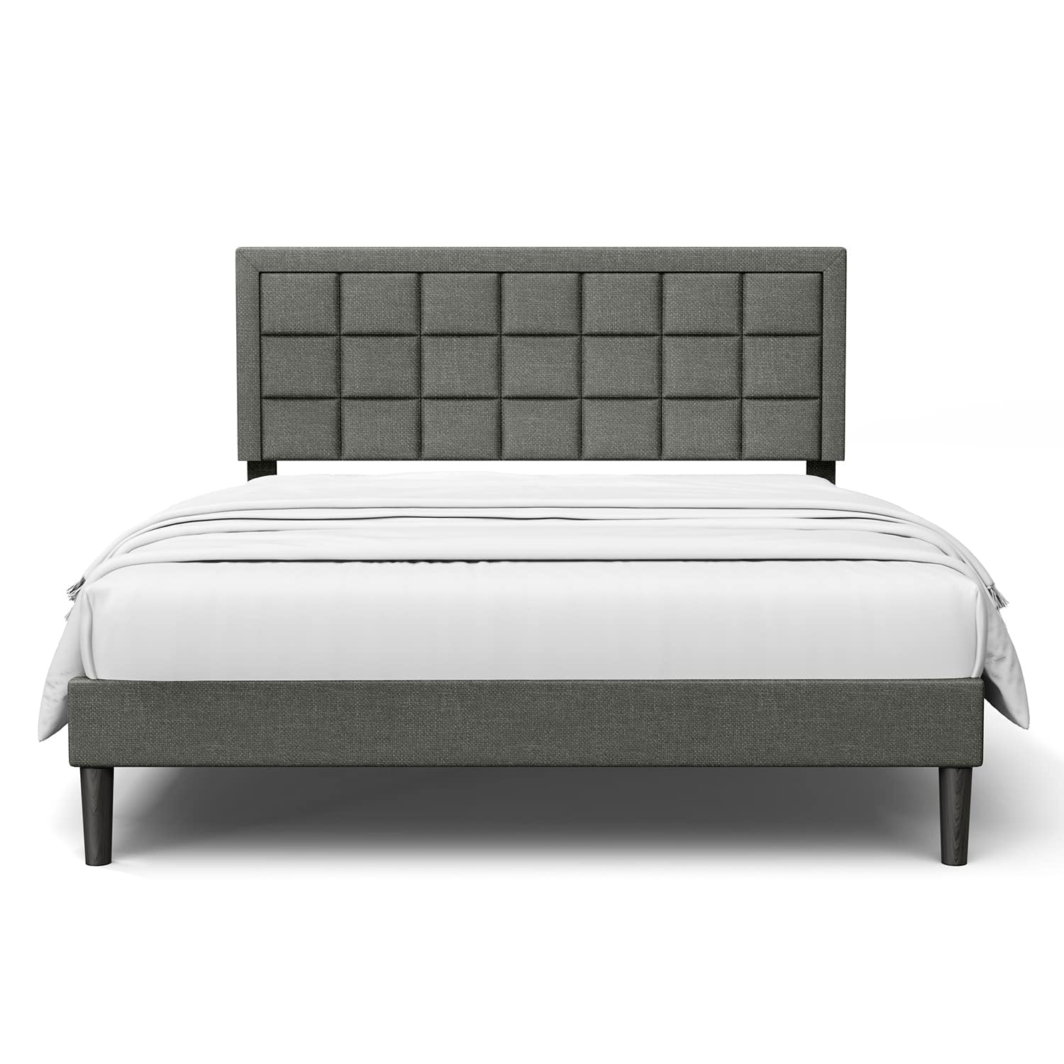 BONSOIR QUEEN Size Bed Frame Upholstered Modern Low Profile Platform with Tufted Headboard No Box Spring Needed Linen Fabric Charcoal Gray