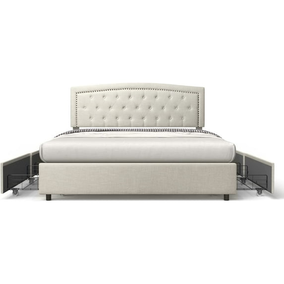 Bonsoir of London Queen Metal Wood Platform Bed with 4 Drawers, Sand