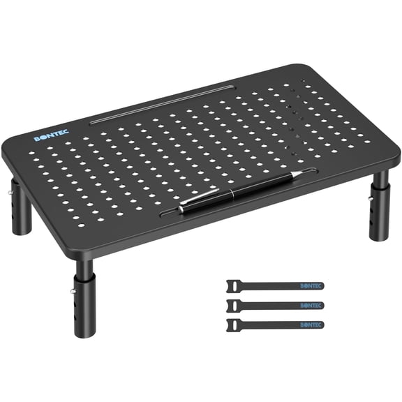 BONTEC Monitor Stand Riser with 3 Height Adjustable with Pen Holder, Cable Management and Mesh Platform for Laptop, Computer, Printer (Black, 1 Pack )