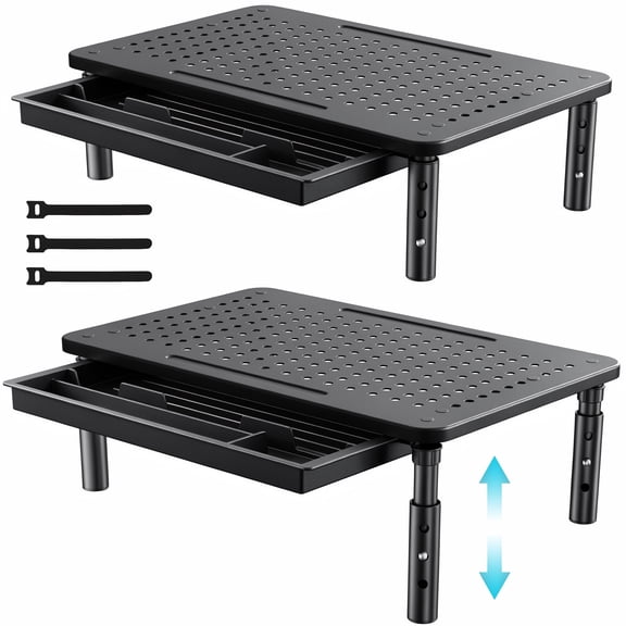 BONTEC 2 Pack Monitor Stand Riser, 3 Height Adjustable Mesh Computer Stand with Drawer, Pen Holder and Cable Management for Laptop Printer, Black