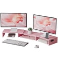 thumbnail image 1 of BONTEC Dual Monitor Stand Riser with Smartphone Holder, Adjustable Length & Swivel Angle, Ergonomic Wooden Desktop Organizer for PC Monitor, Laptop, Printer, Large Storage, Pink, 1 of 8