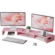 BONTEC Dual Monitor Stand Riser with Smartphone Holder, Adjustable Length & Swivel Angle, Ergonomic Wooden Desktop Organizer for PC Monitor, Laptop, Printer, Large Storage, Pink