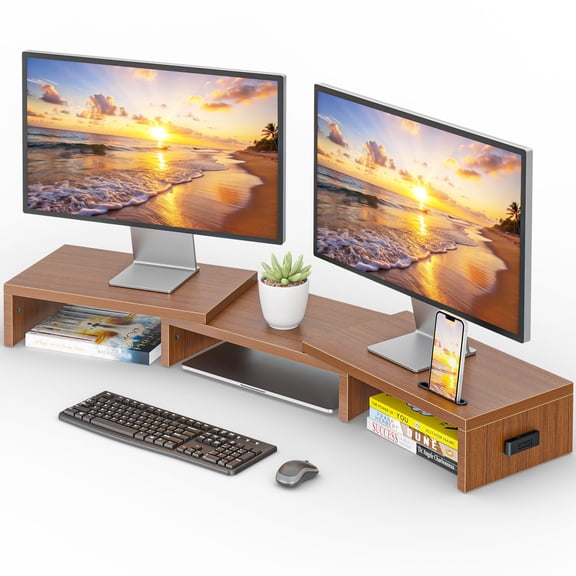 BONTEC Dual Monitor Stand Riser with Smartphone Holder, Adjustable Length & Swivel Angle, Ergonomic Wooden Desktop Organizer for PC Monitor, Laptop, Printer, Large Storage, Walnut