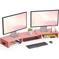 thumbnail image 1 of BONTEC Dual Monitor Stand Riser with Smartphone Holder, Adjustable Length & Swivel Angle, Ergonomic Wooden Desktop Organizer for PC Monitor, Laptop, Printer, Large Storage, Pink, 1 of 8