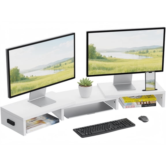 BONTEC Dual Monitor Stand Riser, White Adjustable Wooden Desk Organizer for PC Monitor, Laptop and Printer, Phone Holder, 31.5-42.5 Inch
