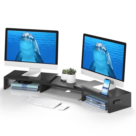 BONTEC Dual Monitor Stand Riser with Smartphone Holder, Adjustable Length & Swivel Angle, Ergonomic Wooden Desktop Organizer for PC Monitor, Laptop, Printer, Large Storage, Black