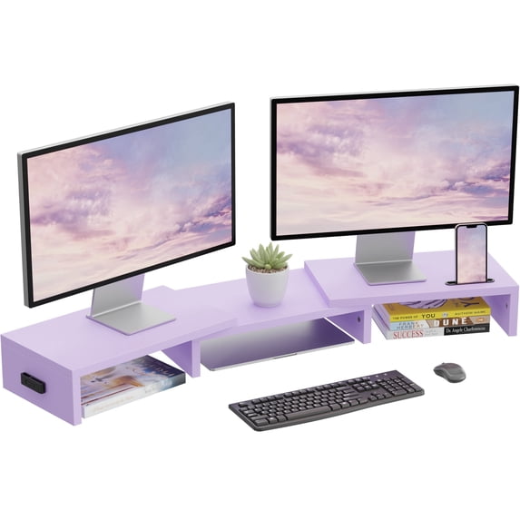 BONTEC Dual Monitor Stand Riser, Purple Adjustable Wooden Desk Organizer for PC, Laptop and Printer, Phone Holder, 31.5-42.5 Inch