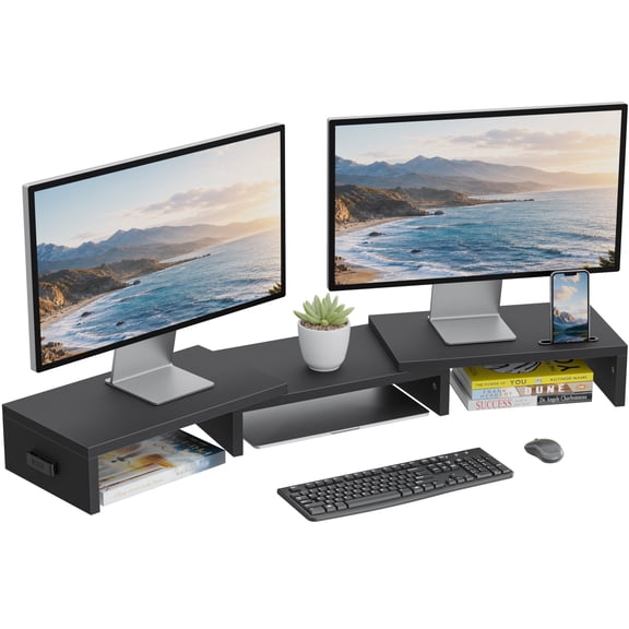BONTEC Dual Monitor Stand Riser, Adjustable Wooden Desk Organizer for PC, Laptop and Printer, 31.5-42.5 Inch, Black