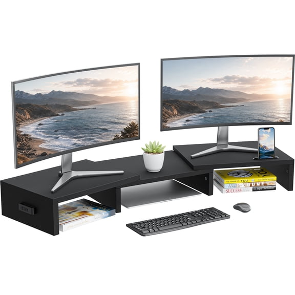 BONTEC Dual Monitor Stand Riser, Black Adjustable Wooden Desk Organizer for PC Monitor, Laptop and Printer, Phone Holder, 31.5-42.5 Inch