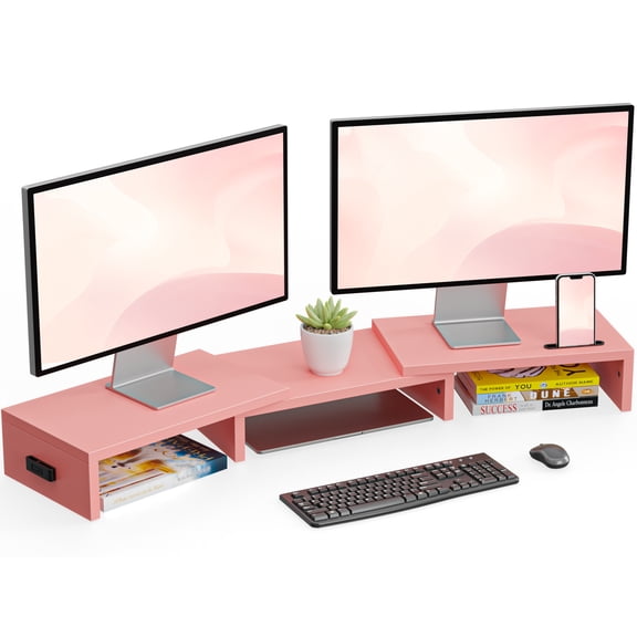 BONTEC Dual Monitor Stand Riser with Smartphone Holder, Adjustable Length & Swivel Angle, Ergonomic Wooden Desktop Organizer for PC Monitor, Laptop, Printer, Large Storage, Pink