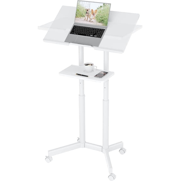 BONTEC Lecterns & Podiums Portable Mobile Standing Laptop Desk, Height Adjustable, Home Office Classroom Pulpit Stand Up Desk Workstation, Rolling Table Laptop Cart with Storage Tray, White