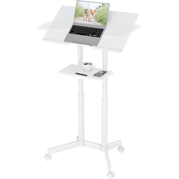 BONTEC Lecterns & Podiums Portable Mobile Standing Laptop Desk, Height Adjustable, Home Office Classroom Pulpit Stand Up Desk Workstation, Rolling Table Laptop Cart with Storage Tray, White