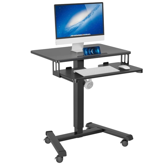 BONTEC Mobile Standing Desk with Keyboard Tray, Mobile Podium, Rolling Laptop Sit Stand Desk on Wheels, Adjustable Height Desk Up to 33lbs, Portable Computer Workstation Cart for Living Room, Office