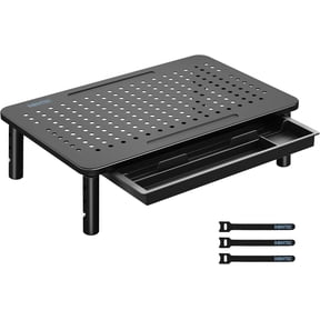 BONTEC Monitor Stand Riser 3 Height Adjustable with with Drawer, Pen Holder, Cable Management and Mesh Platform for Laptop, Computer, Printer (Black, 1 Pack )