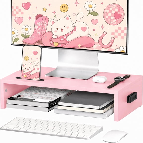 BONTEC Monitor Stand Riser, 16.7 Inch Wood Monitor Riser Stand , Desktop Ergonomic Monitor Stand Riser with Cellphone Holder and Cable Management, Pink