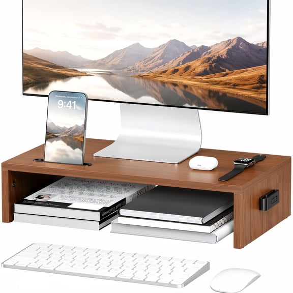 BONTEC Monitor Stand Riser, 16.7 Inch Wood Monitor Riser Stand , Desktop Ergonomic Monitor Stand Riser with Cellphone Holder and Cable Management, Walnut