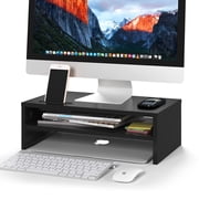 BONTEC Wooden Monitor Stand Riser, 2-Tier Desk Shelf with Storage Organizer, Ergonomic Computer Stand with Cable Management, Cellphone Holder, Black, 16.5 Inch