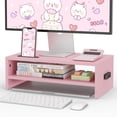 thumbnail image 1 of BONTEC Wooden Monitor Stand Riser, 2-Tier Desk Shelf with Storage Organizer, Ergonomic Computer Stand with Cable Management, Cellphone Holder, Pink, 16.5 Inch, 1 of 7