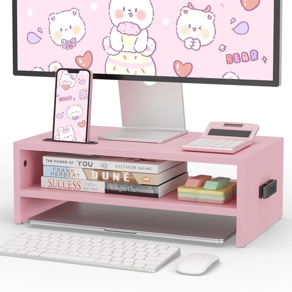 BONTEC Wooden Monitor Stand Riser, 2-Tier Desk Shelf with Storage Organizer, Ergonomic Computer Stand with Cable Management, Cellphone Holder, Pink, 16.5 Inch