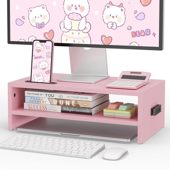 BONTEC Wooden Monitor Stand Riser, 2-Tier Desk Shelf with Storage Organizer, Ergonomic Computer Stand with Cable Management, Cellphone Holder, Pink, 16.5in