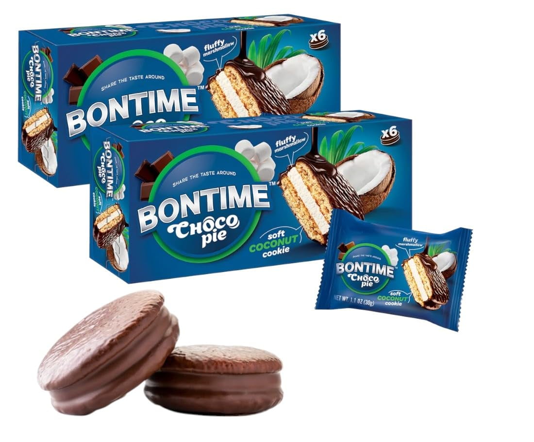 BONTIME  Choco Pie Coconut Marshmallow with Rich Flavor 2 Pack - Chocolate Pies Offer a Delightful, Sweet Experience Whenever You Need a Delicious - Choco Biscuit is Ideal for on-the-Go Enjoyment
