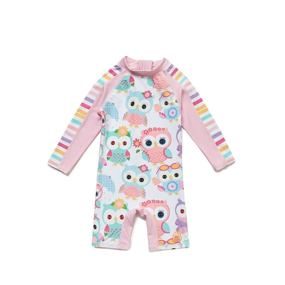 BONVERANO Baby Girls Swimsuit, Toddler Bathing Suit, Long-Sleeve Zipper One Piece Swimwear with UPF 50+ Sun Protection (Owl 18-24months)