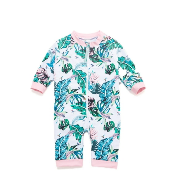 BONVERANO Baby Girls Swimsuit UPF 50+ Sun Protection, Full-Length Zipper One Piece Swimwear, 3/4 Sleeve Toddler Bathing Suit (Banana Leaf 3-6months)