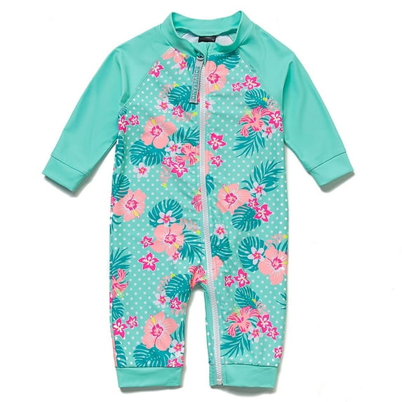 BONVERANO Baby Girls Swimsuit UPF 50+ Sun Protection, Full-Length Zipper One Piece Swimwear, 3/4 Sleeve Toddler Bathing Suit (green 18-24months)