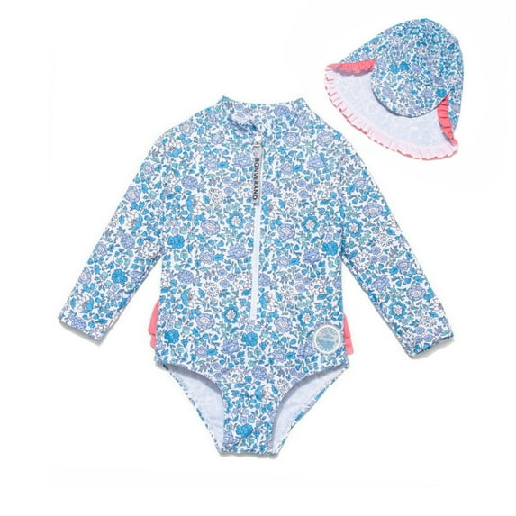 BONVERANO Baby Girls Swimsuit UPF 50+ Sun Protection, Long Sleeve Zipper One Piece Swimwear, Ruffle Toddler Bathing Suit(Blue Flower 12-18months)
