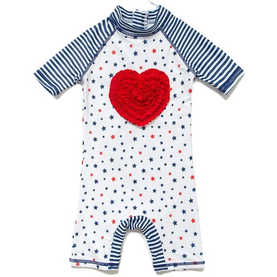 BONVERANO Baby Girls Swimsuit UPF 50+ Sun Protection, Short Sleeve Zipper One Piece Swimwear, Toddler Bathing Suit(Heart 6-9months)