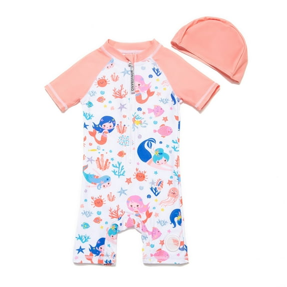 BONVERANO Baby Girls Swimsuit UPF 50+ Sun Protection, Short Sleeve Zipper One Piece Swimwear, Toddler Bathing Suit(Mermaid 12-18months)