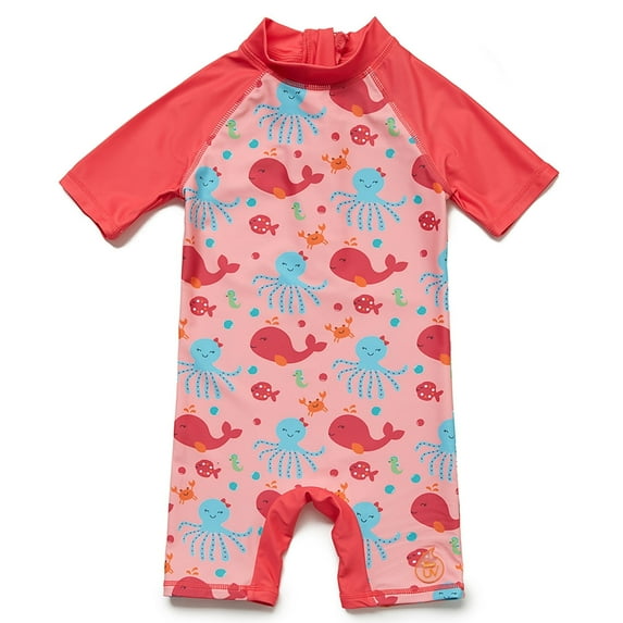 BONVERANO Baby Girls Swimsuit UPF 50+ Sun Protection, Short Sleeve Zipper One Piece Swimwear, Toddler Bathing Suit(Red 24-36months)